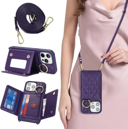 Miniatura 18 de Funda para iPhone 14 Plus con tarjetero y correa para mujer, cordón cruzado, espejo de maquillaje, soporte de anillo, cierre a presión, bonitas Rosa
