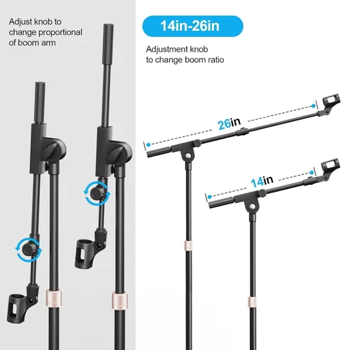 Miniatura 4 de Soporte de micrófono con brazo de brazo, trípode resistente, soporte de suelo ajustable con bolsa de transporte y 2 clips de micrófono para cantar