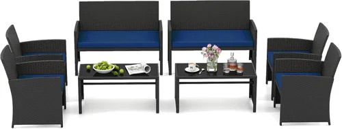 Miniatura 29 de HAPPYGRILL Juego de 4 muebles de mimbre para exteriores con mesa de centro de vidrio templado, cojines suaves, juego de sillas de ratán resistentes