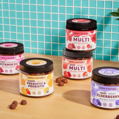 Miniatura 7 de Llama Naturals Multivitamínico para mujeres y hombres, gomitas veganas y orgánicas con vitamina D, C y K, vitaminas masticables de fruta real