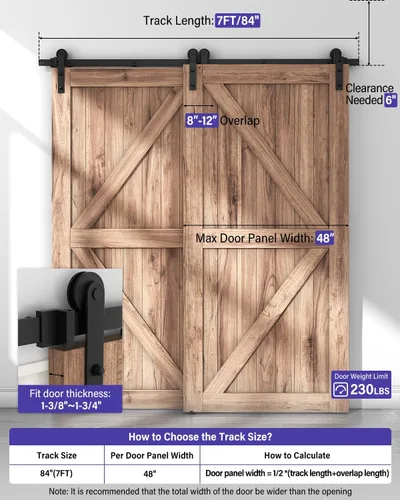 Miniatura 3 de ZEKOO Kit de herrajes para puerta corrediza de granero de vía única bypass de 7 pies para puertas dobles, kit de herrajes bypass para puerta