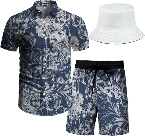 RPOVIG Conjunto de playa a juego con camisas y pantalones cortos para hombre, ropa floral hawaiana para festival, conjuntos de 2 piezas con sombrero