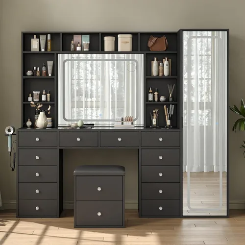 Miniatura 9 de Yanosaku Espejo LED de longitud completa de 47 x 65 pulgadas con toma de corriente, 8 cajones y 8 estantes para dormitorio/guardarropa, regulable e