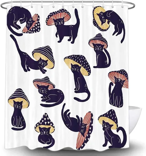 Miniatura 13 de MERCHR Cortina de Ducha de Gato Lindo Campista para Baño de Remolque de Viaje, Divertido Juego de Cortinas de Ducha de Tela Negra con Gato