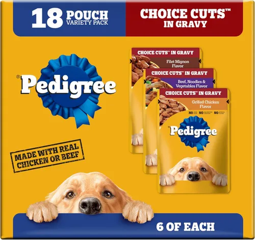 Pedigree Choice Cuts in Gravy - Paquete variado de alimentos húmedos suaves para perros adultos, bolsas de 3.5 onzas, 18 unidades