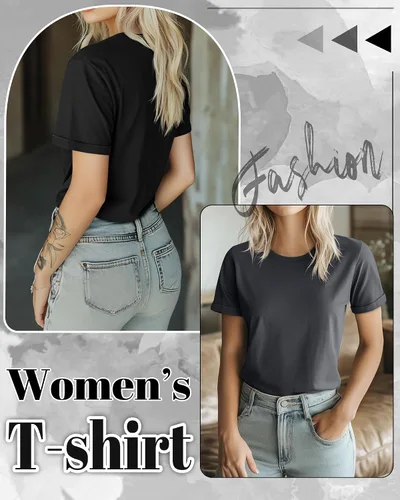 Miniatura 2 de Huukeay Paquete de 3 camisetas de algodón para mujer, estilo casual, de manga corta, cuello redondo, ajuste holgado, básica, lisa