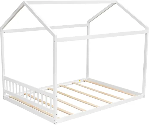 Miniatura 5 de MERITLINE Cama de casa tamaño Queen para niños, cama Montessori de madera con cabecero, techo y listones de soporte, marco de cama Queen para niños