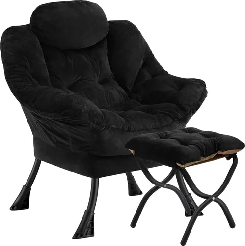 Miniatura 23 de Silla perezosa con otomana plegable, sofá de ocio, sillón de tela suave con reposabrazos y bolsillos laterales, silla de lectura con reposapiés