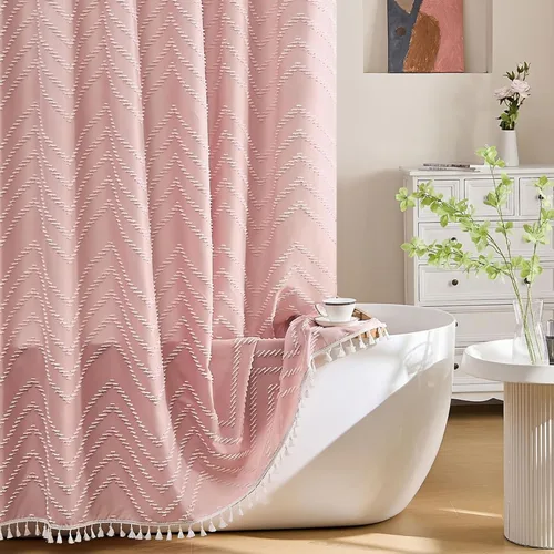 Siiluminisoy Cortina de ducha extra larga de color rosa bohemio con borla blanca, tela tejida de 96 pulgadas, cortina de rayas cheurón copetudas, 72