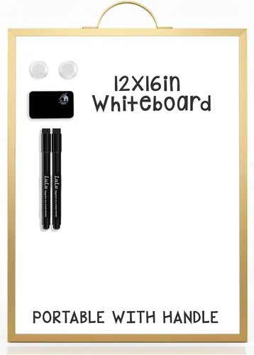 Miniatura 18 de Pizarra blanca pequeña de 12 x 16 pulgadas magnética de borrado en seco con asa Marco de aluminio negro Pizarra planificadora de doble cara