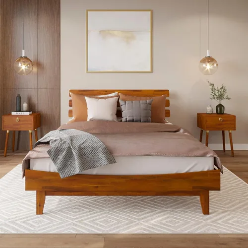 Miniatura 5 de Bme Caden Base de cama de lujo de 15 pulgadas con cabecera ajustable, estilo de mediados de siglo con madera de acacia, no necesita somier, soporte
