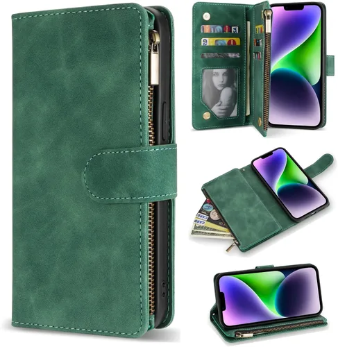 Miniatura 13 de ZZXX Funda tipo cartera para iPhone 14 Plus con [Bloqueo RFID] Ranura para tarjetas Cuero PU suave premium con cremallera tipo folio plegable
