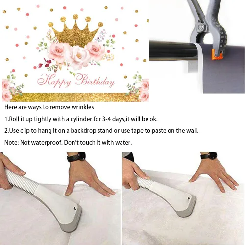Miniatura 7 de Telón de fondo de feliz cumpleaños de 5 x 3 pies para niñas, corona dorada, fondo de fotografía floral rosa para decoración de fiesta de cumpleaños