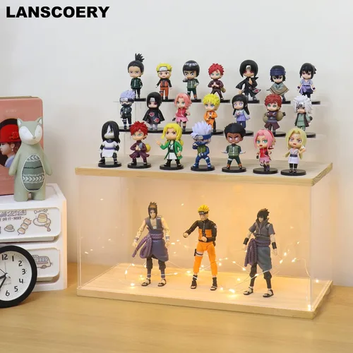 Miniatura 2 de LANSCOERY Vitrina de exhibición de acrílico con luz LED, caja de exhibición de 3 niveles para coleccionables y figuras de acción, organizador Madera