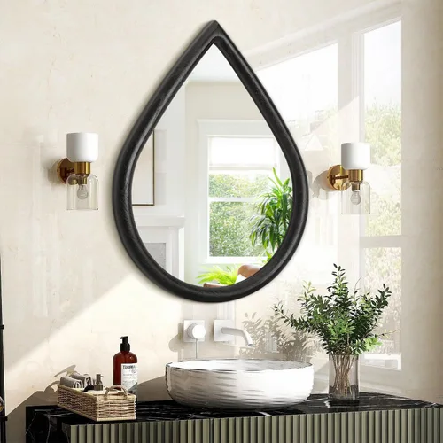 Miniatura 2 de Espejo con marco de madera, espejo de pared con forma de lágrima negra, espejo de pared rústico decorativo irregular para baño, sala de estar