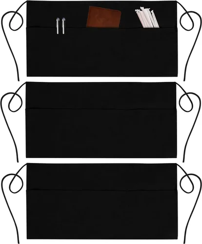 Miniatura 7 de GREEN LIFESTYLE Paquete de 3 delantales de servidor con 3 bolsillos - Delantal de cintura, delantal de camarera para mujeres y hombres, resistente