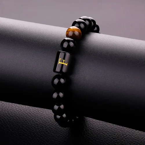 Miniatura 34 de SUMMER LOVE Regalos para el Día del Padre, pulsera con inicial de piedra de ónix negro de 0.394 pulgadas para hombres, pulsera de cuerda trenzada