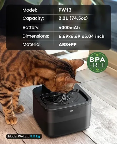 Miniatura 9 de oneisall Fuente de agua inalámbrica para gatos: fuentes de agua inalámbricas para mascotas de 74 oz/2.2 L, bomba SilentFlow™ integrada ultra