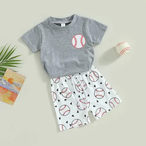 Miniatura 4 de Conjunto de 2 piezas de camiseta y pantalones cortos de béisbol con estampado de letras para bebé niño