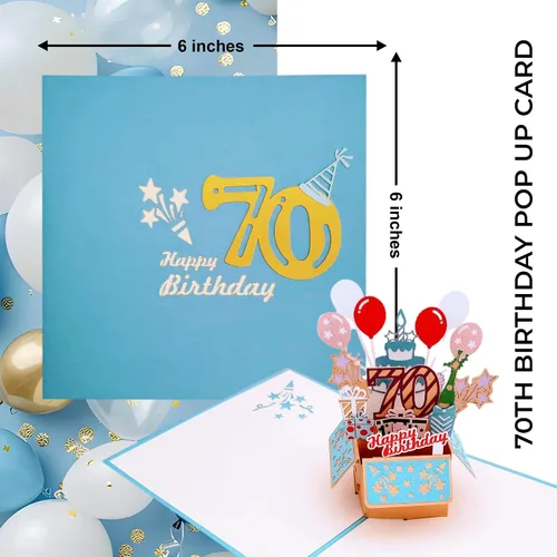 Miniatura 2 de iGifts And Cards Tarjeta desplegable 3D de 70 cumpleaños: caja de fiesta azul centro de mesa de champán - Saludo de hito para padres, abuelos