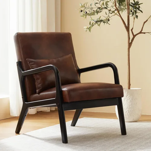 Miniatura 10 de Achicsofar Silla decorativa moderna de mediados de siglo con almohada de apoyo lumbar, patas de madera, tapizadas de piel sintética, cómodo cojín