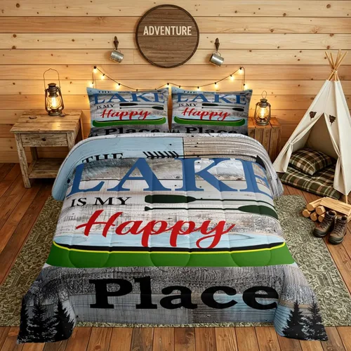 Miniatura 29 de Juego de ropa de cama King para casa del lago, juego de edredón de paleta de madera retro para regalos para amantes del lago, inserto de edredón