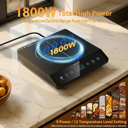 Miniatura 3 de Placa de inducción de quemador único, cocina de inducción portátil certificada ETL de 1800 W, bobina de calentamiento grande de 8 pulgadas, 12