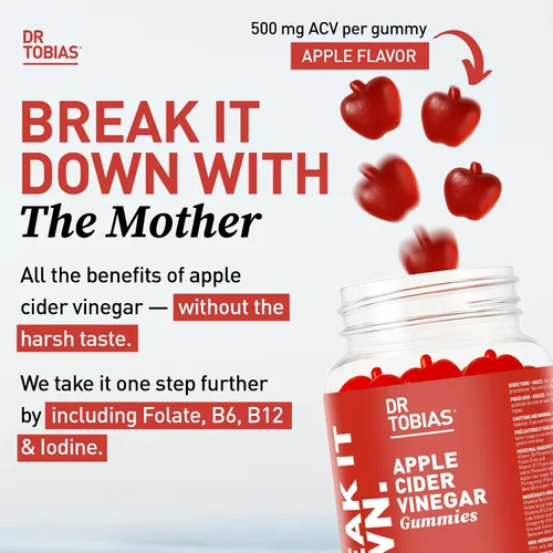 Miniatura 2 de Dr. Tobias Gomitas de vinagre de sidra de manzana con la madre, 500 mg de ACV por porción, más folato, B6, B12 y yodo Apoya la limpieza intestinal