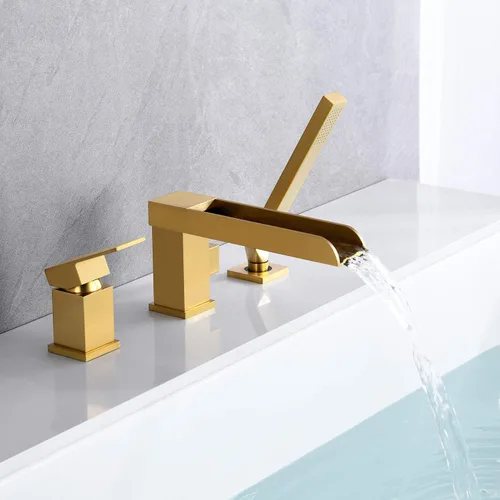 Miniatura 3 de Wowkk Grifos de Cascada para Bañera Romana de Montaje en Cubierta, Grifos de Bañera de Oro Cepillado, Grifos de Bañera de Latón con Relleno