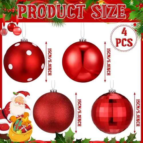 Miniatura 2 de Tigeen 4 adornos de bola de Navidad rojos grandes de 6 pulgadas, adornos colgantes de Navidad extra grandes de 5.906 in con purpurina para invierno
