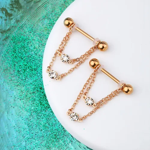 Miniatura 2 de Cocharm Anillos de pezón de doble cadena de 0.49 oz, plata y oro, joyería de piercing de acero inoxidable 316L para mujer