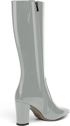 Miniatura 54 de AMBELIGHT Botas altas hasta la rodilla con cremallera y puntera puntiaguda para mujer, de patente sólida, tacón alto, 3.3 pulgadas