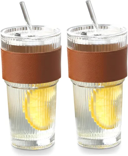 2-Pack Glass Tumbler with Straw and Lid, 21oz Ribbed Glass Iced Coffee Cups with Sleeve, Leak-Proof & Portable for Iced Beverages