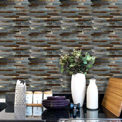 Miniatura 2 de 10 hojas de azulejos de metal de PVC para salpicaduras de pelar y pegar, adhesivo de pared de grano de madera autoadhesivo, fácil de pegar