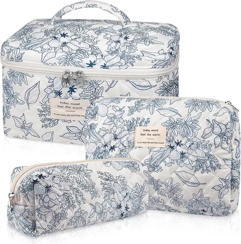 Miniatura 17 de Set de bolsas de maquillaje, bolsa de maquillaje acolchada, bolsa de cosméticos floral grande para mujeres, lindas bolsas de maquillaje de algodón