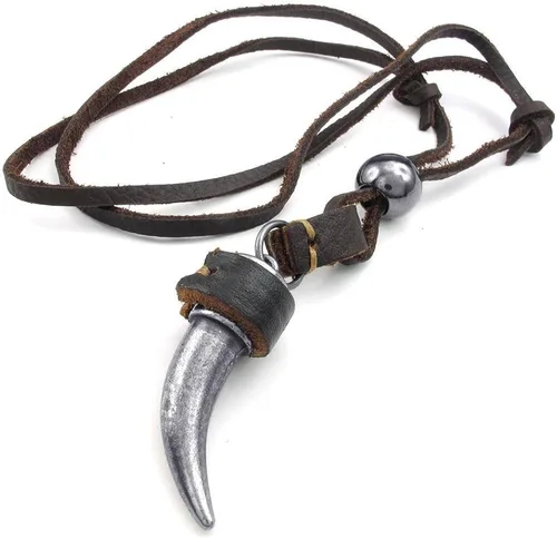 Miniatura 3 de jonline24h Mens Adjustable Tribal Wolf Tooth Pendant Leather Necklace Chain Brown Black Silver