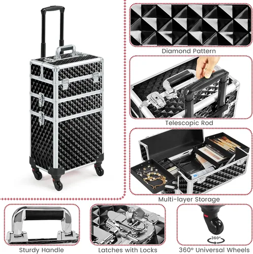 Miniatura 6 de Yaheetech Estuche de tren de maquillaje rodante 3 en 1, organizador de gran capacidad con ruedas giratorias, carrito cosmético para llaves para Negro