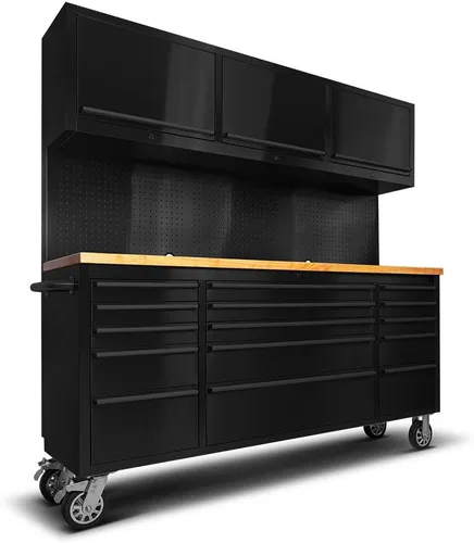 Miniatura 8 de Baúl de herramientas rodante de acero inoxidable de 72 pulgadas con 15 cajones + 3 gabinetes superiores, banco de trabajo móvil, caja