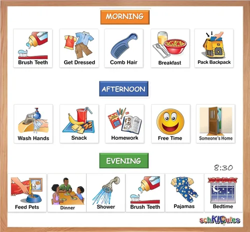 Miniatura 5 de SchKIDules Horarios visuales para niños 93 piezas colección para el hogar para rutinas diarias: 72 imanes de imagen +21 encabezados para niños, TDAH