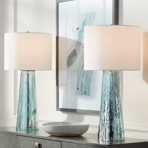 Miniatura 2 de 360 Lighting Marcus - Juego de 2 lámparas de mesa costeras modernas de 30 pulgadas de alto, columna cónica de vidrio de mercurio aplicada a mano