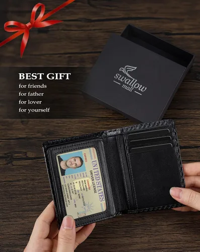 Miniatura 27 de Swallowmall AirTag Billetera para hombre con bloqueo RFID, de piel auténtica, plegable, para AirTag con 1 ventana de identificación, 13 tarjeteros