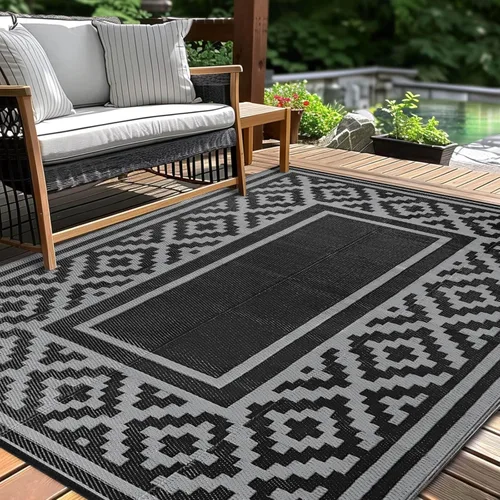 Miniatura 12 de Alfombra de paja de plástico para patio al aire libre, 5 x 8 pies, impermeable, reversible, alfombra de área, patio, caravana, porche, balcón, Azul