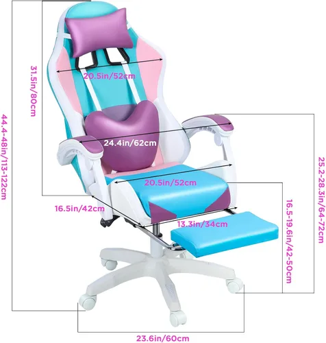 Miniatura 3 de Sillas de juegos para adultos, silla de computadora con reposapiés y respaldo alto ergonómico, luz LED, sillas giratorias de 360° en altura