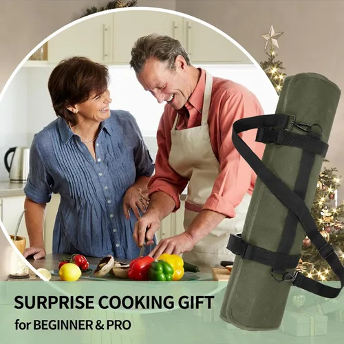 Miniatura 6 de lelezone Bolsa enrollable para cuchillos de chef, resistente al agua, funda de lona encerada para cuchillos, bolsas enrollables para chefs