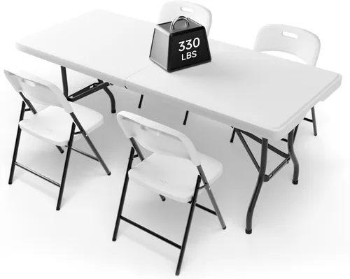 Miniatura 8 de Juego de mesa plegable de 6 pies con 4 sillas plegables, mesa resistente de 330 libras y sillas de 330 libras, paquete de muebles plegables Mesa