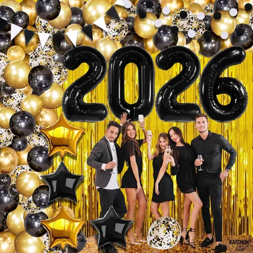 Miniatura 6 de KatchOn, Juego de decoraciones de Año Nuevo 2026, enorme, paquete de 85 Globo de estrellas negras y doradas, telón de fondo de cortina con flecos