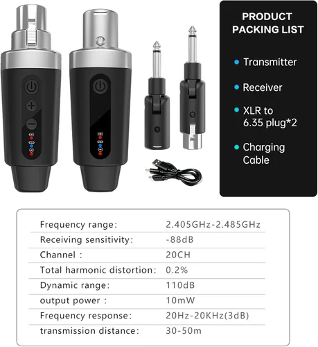 Miniatura 8 de EBJ Transmisor Receptor de Micrófono Inalámbrico 2.4Ghz, Sistema Inalámbrico de Micrófono XLR, Adaptador de Micrófono Inalámbrico Recargable