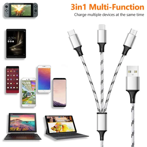 Miniatura 8 de Cable de carga múltiple, paquete de 3 cables de carga múltiple de nailon trenzado múltiple USB universal 3 en 1 adaptador de cable de carga