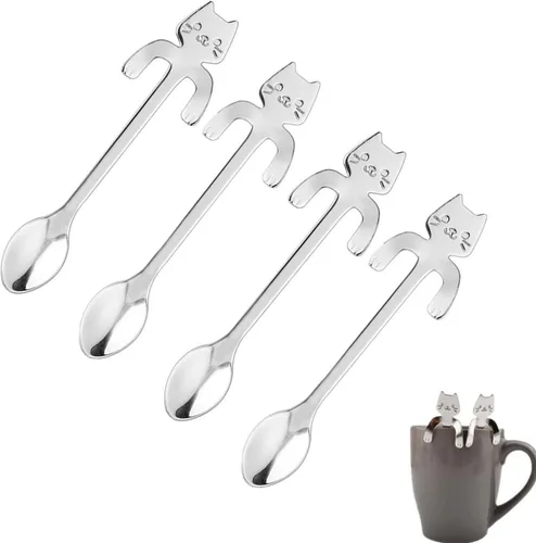 Juego de 4 mini cucharas para gatos, de acero inoxidable 304, de acero inoxidable 304, cuchara colgante, vajilla, cubiertos, utensilios de cocina
