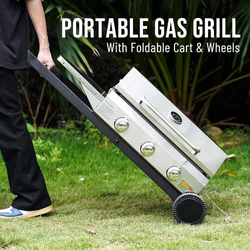 Miniatura 5 de ONLYFIRE GRILLS Plancha portátil de gas propano de 3 quemadores con carrito plegable y mesa auxiliar, parrilla de gas plana con tapa, para cocinar